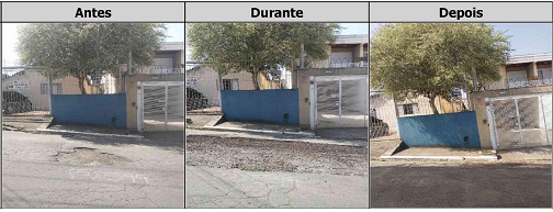 Antes, durante e depois do serviço de Tapa-Buraco na rua Macaxás 